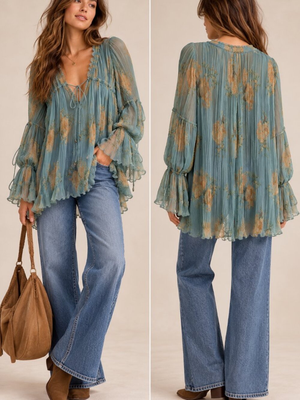 Free People Dahlia Pleated Floral Tunic Blue Orange Size S